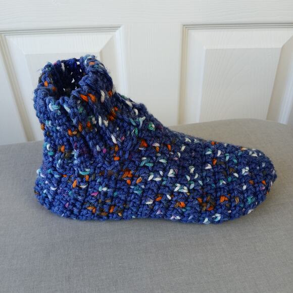Navy Speckle Crochet Slipper Booties L premade full coverage warm socks - Picture 5 of 8